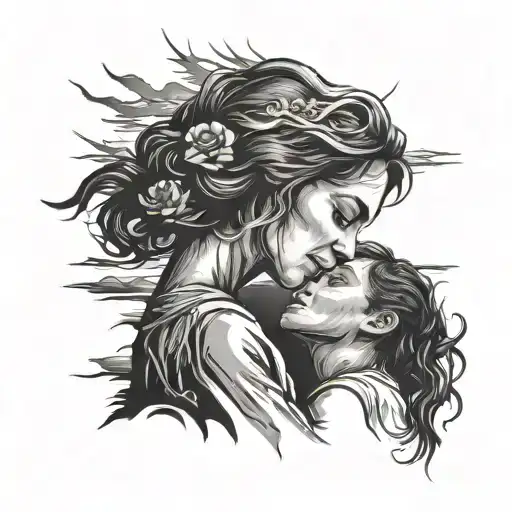 Son Grieving The Lost Of Mother With Sunset Silhuette