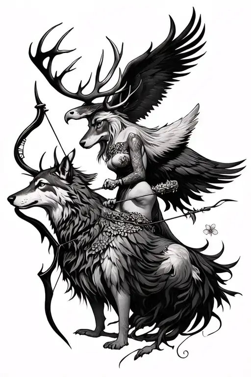 Goddess Holding Bow And Arrow Wolf Eagle Stag