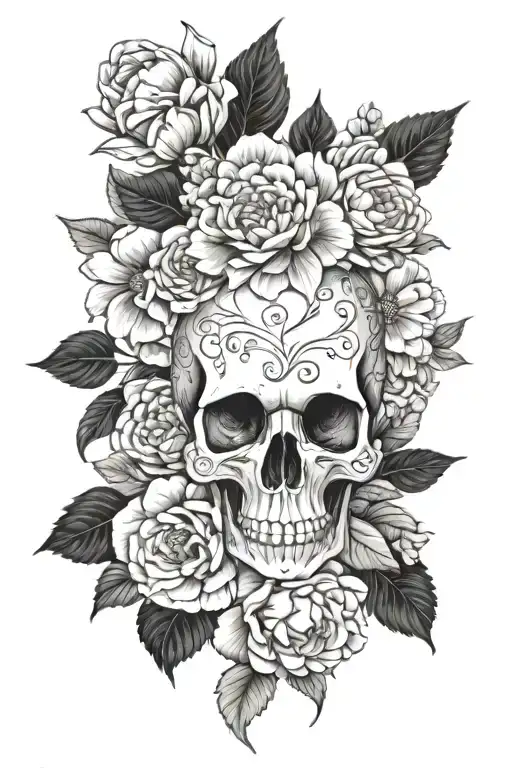 Skull Surrounded By Hydrangeas Peonies Sunflowers And Daises