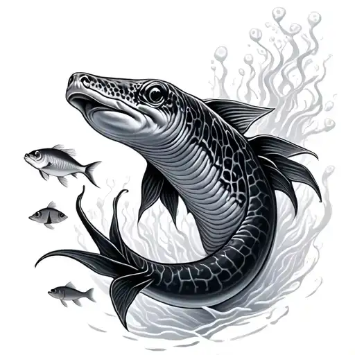 Black And Grey Realism Of Moray Eel Swimming With Fish Around It