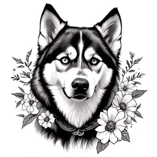 Realistic Husky Tattoo With Flowers