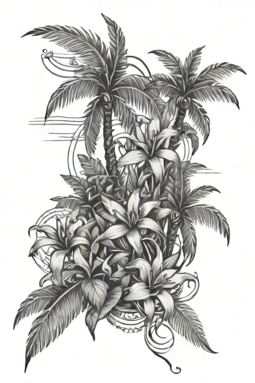 Nautical Palm Trees Tropical Flowers Intertwined