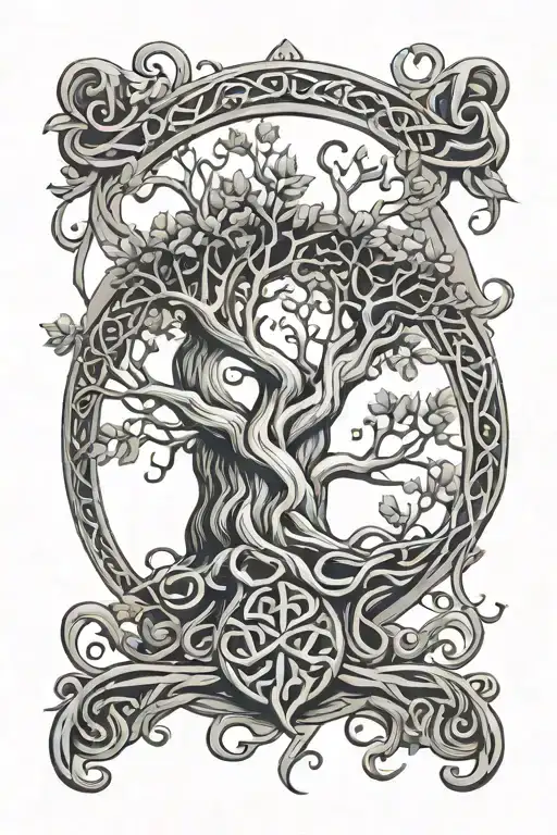 Celtic Tree Of Life Knot Growing On Wooden Shield With Overgrowing Tendrils Boldly Lined