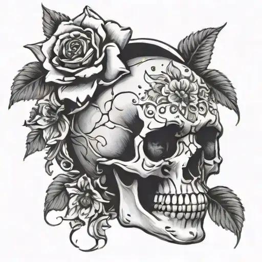 Skull With Candle Melting On Head With Flowers