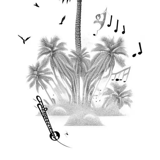 A Palm Tree Made Of Musical Notes With Birds Flying Around
