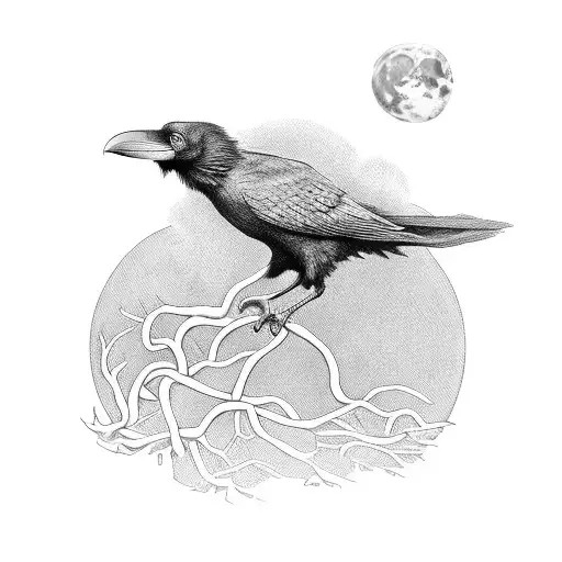 A Surreal Composition Featuring Edgar Allen Poe's Raven Perched On A Moonlit Branch