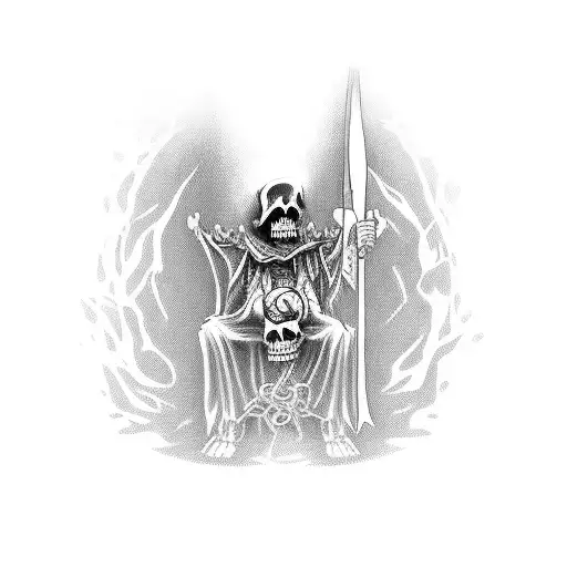 The Grimm Reaper Siting On A Throne Made Of Sauls And Other Saols Climbing Up In Chain's