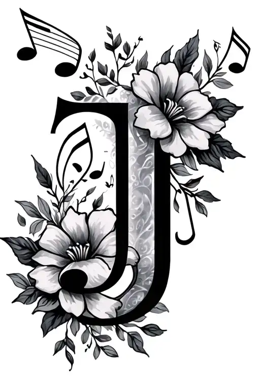 Letter J With Music Notes And Flowers