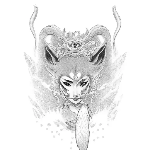 Geisha With A Nine Tailed Fox Wrapped Around Her Holding A Fox Mask