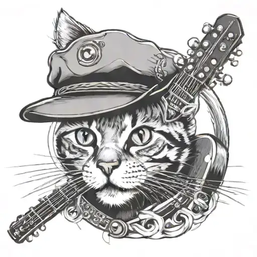 Cat In A Beret With A Guitar