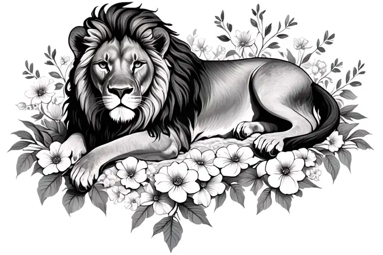Lion Laying On Bed Of Flowers