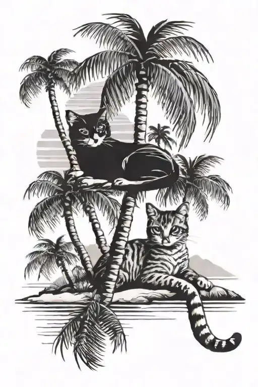 A Black-grey Tattoo Of A Cat Lounging Under A Palm Tree On The Beach