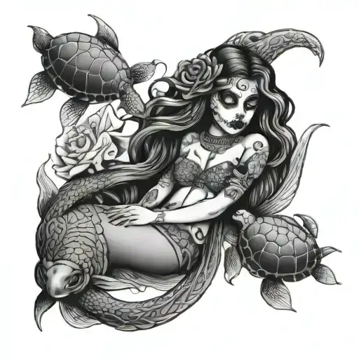 Day Of The Dead Mermaid With Turtles All