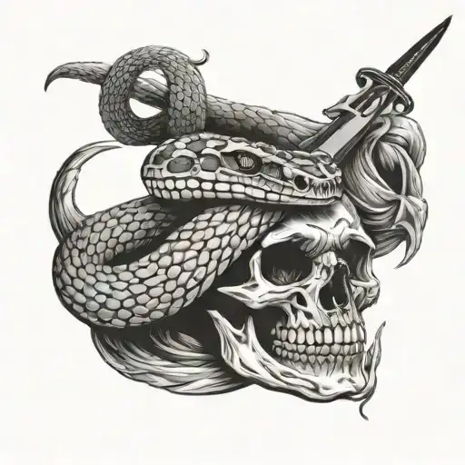 Rattle Snake Wrapped Around Skull With Knife Through Skull