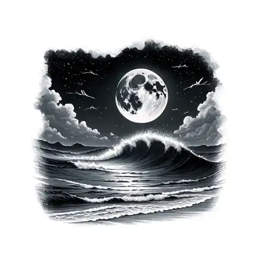 Moon And Beach Waves Crashing