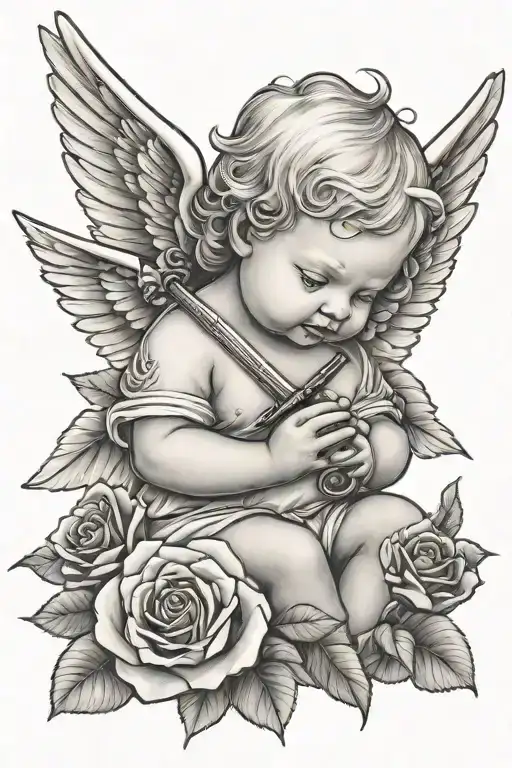 Baby Angel With Red Rose And Sword