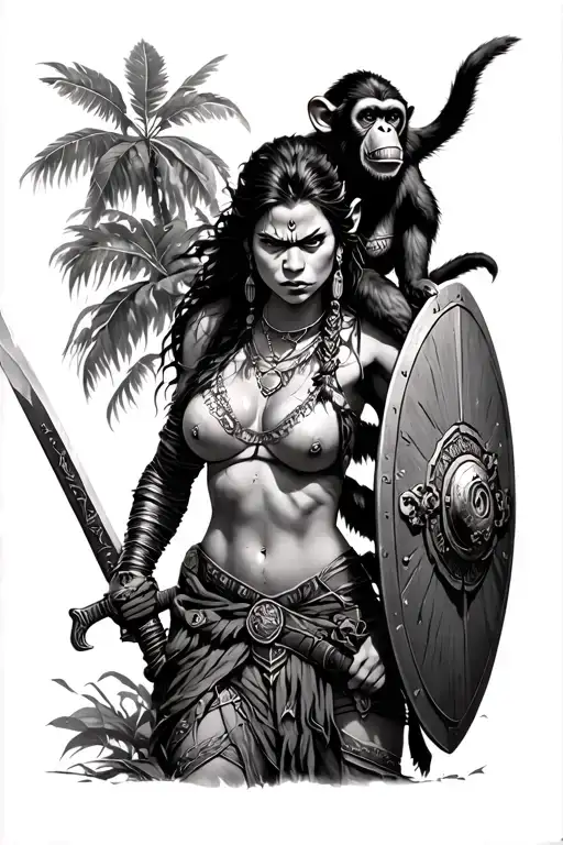 Angry Amazonian Warrior Woman With Monkey On Shoulder Holding With Sword And Shield In Jungle