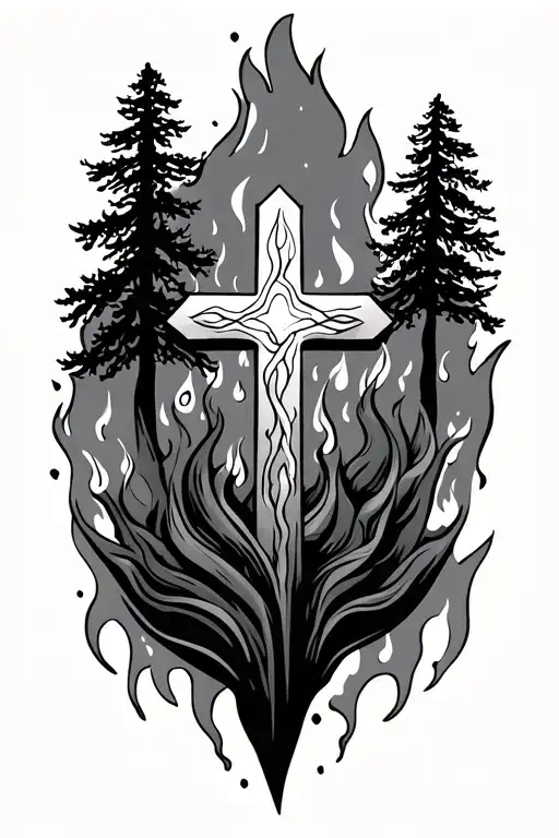 Cross And Trees And Fire