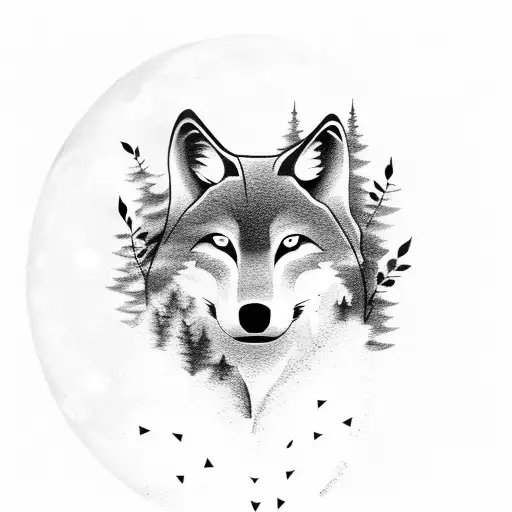 A Wolf Silhouette In A Moonlit Forest With A Bold Japanese Word For 'Warrior'