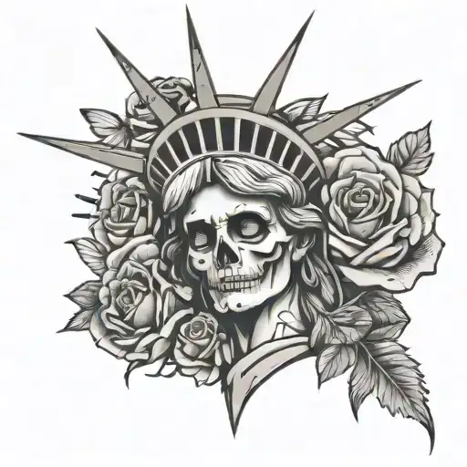 Statue Of Liberty With Skeleton In Despair With Roses And Butterflies Around