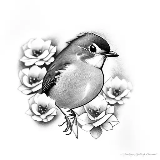 A Realistic Black-grey Tattoo Of A Robin Bird Perched On A Blooming Flower