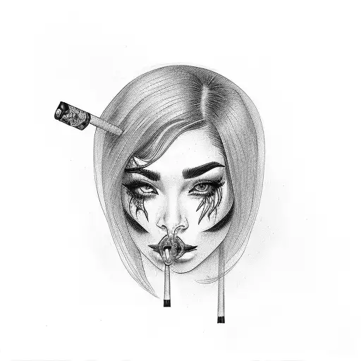 Chicano Style Women Blowing Off Smoking Gun With Shhhh Above Her Eyebrow