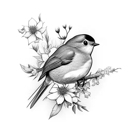 A Black-grey Tattoo Of A Robin Bird Resting On A Branch With Flowers Blooming Around It