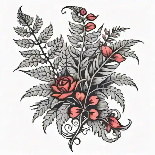 Fern Plant With Red Hearts And Purple Flowers Growing
