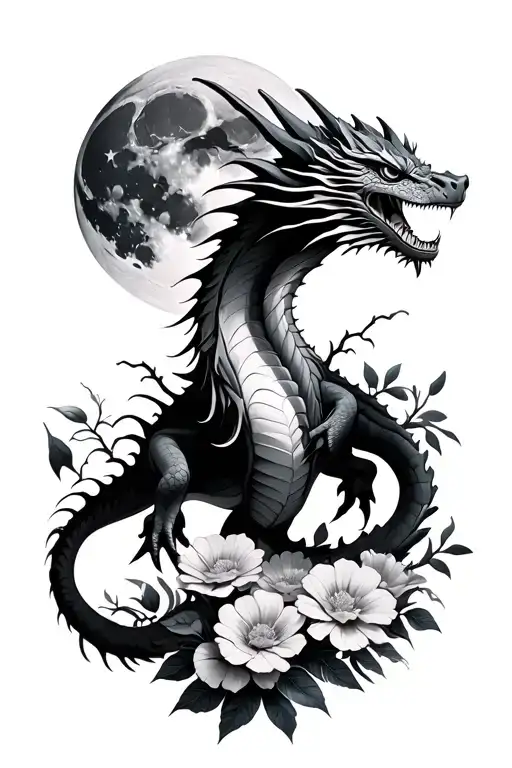Dragon Standing On Flowers Looking At Moon