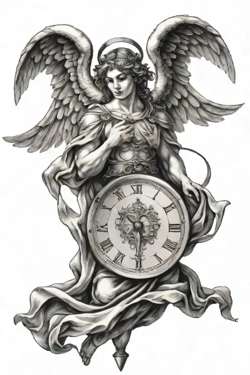 Tattoo For Men Of An Angel Holding A Pendulum With A Heart In The Center