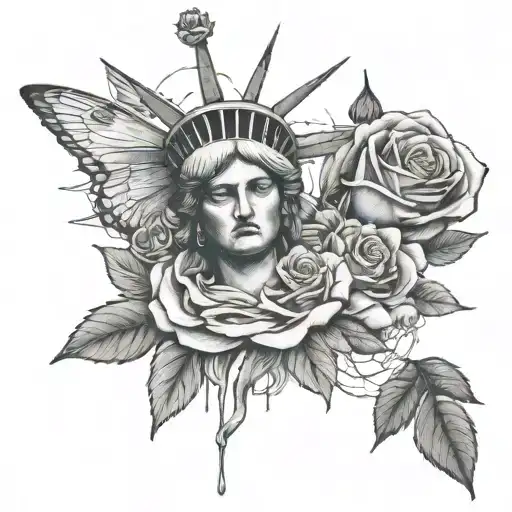 Statue Of Liberty With Skeleton In Despair With Roses And Butterflies Around