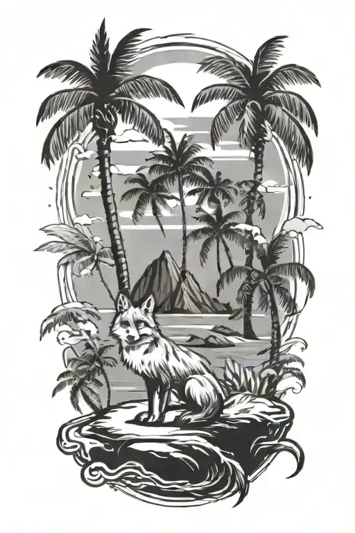 A Small Island With A Palm Tree And Curled Fox On It