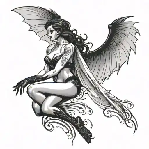 A Seductive Silhouette Of A Sexy Woman With Raven Wings And Bat Wings Spread Out Behind Her
