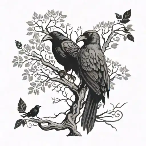 Crows And Tree Of Life Intertwined Hearts