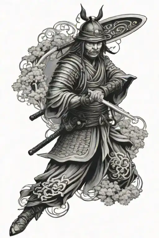 Japanese Samurai Warrior With Mask Adorned In Field Of Trees