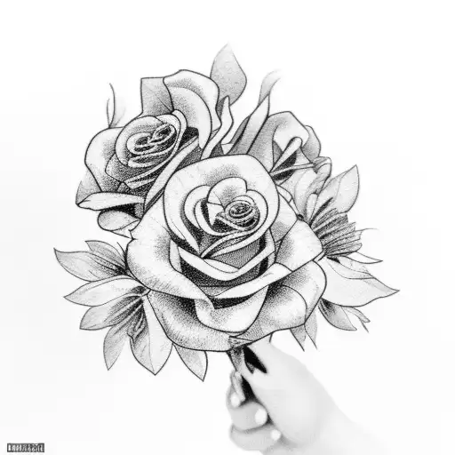A Black-grey Tattoo Of Your Granny Holding A Bouquet Of Flowers With A Truck In The Background