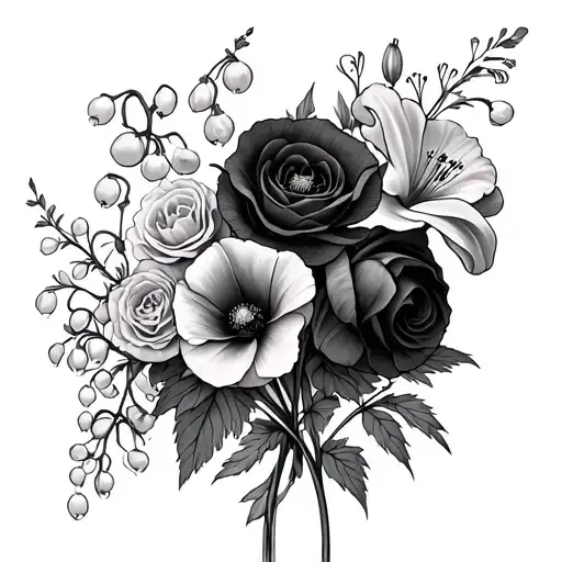 Bouquet With Poppy's Carnations Roses Morning Glory's And Lily Of The Valley