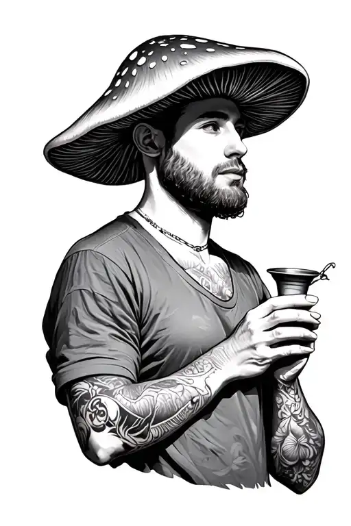 Full Body Male Artist With A Mushroom As A Head Profile Holding