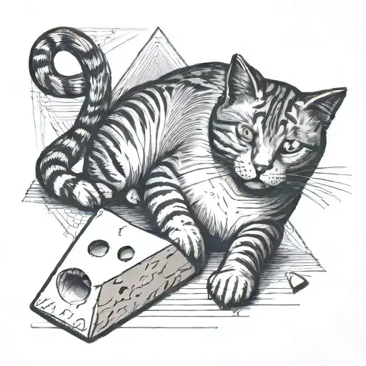 Fine Line Cat Playing With A Triangular Block Of Cheese As A Toy Like A Yarn Ball