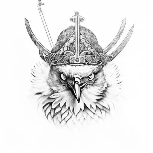 Black Raven Pearched On A Viking Sword Surrounded By Flowers