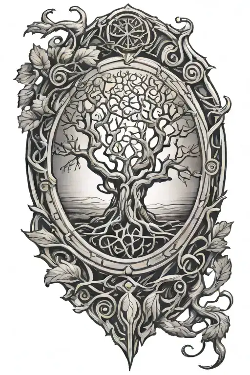 Round Wooden Shield With Tree Of Life Knot And Branches Growing Out Of Its Cracks