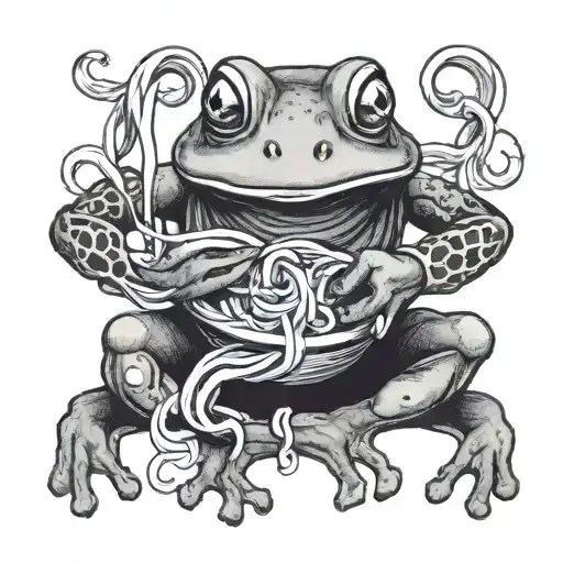 A Frog Eating Noodles Like A Human Wearing Clothes