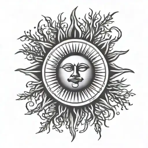 Simplistic Linework Tattoo Of A Sun With A Ring Of Thorned Branches Around It