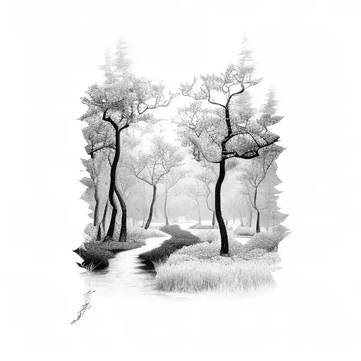 A Black-grey Tattoo Of A Mystical Forest With Hidden Animais