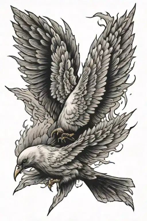 Lightning Strike On Left Side Dove Wing On Right Side Back