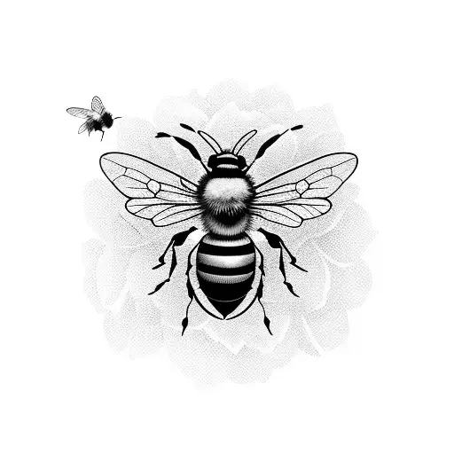 A Black And Grey Tattoo Of A Bee Surrounded By Delicate Flowers