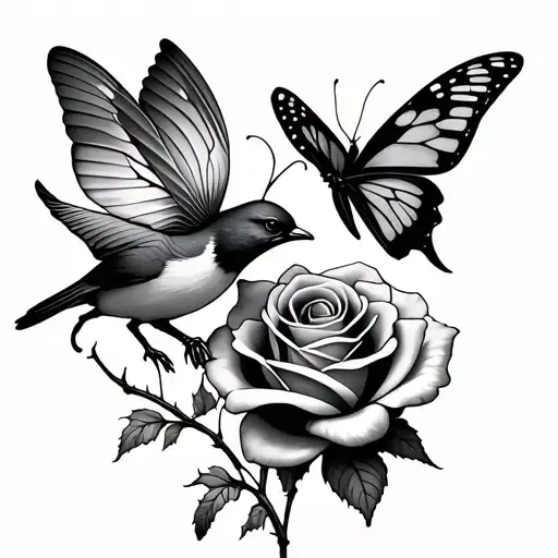 Create A Tattoo With Butterflies A Bird With A Rose With Very Fine Feminine Bonding Thorns