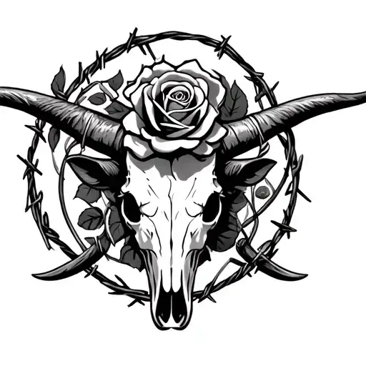 Longhorn Bull Skull A Rose Center Forehead With Barbed Wire Around Horns