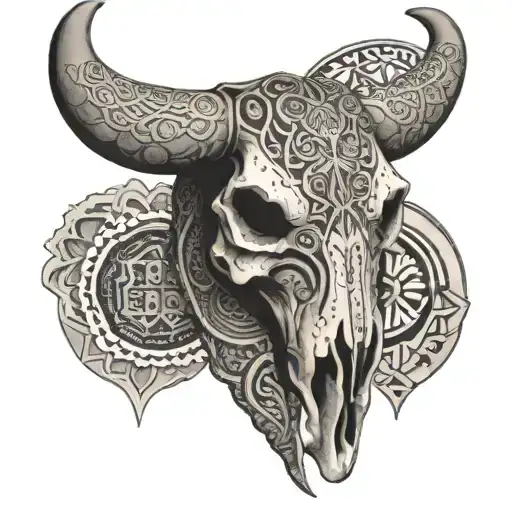 A Bull Skull With Intricate Geometric Patterns Inspired By Rock Album Covers