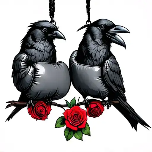 Hanging Boxing Gloves With Crows Holding A Rose On Each Side